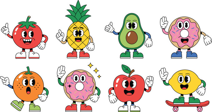 Cute food characters set including fruits and donut mascots, funny cartoon apple, pineapple, avocado, lemon and orange vector illustration collection isolated