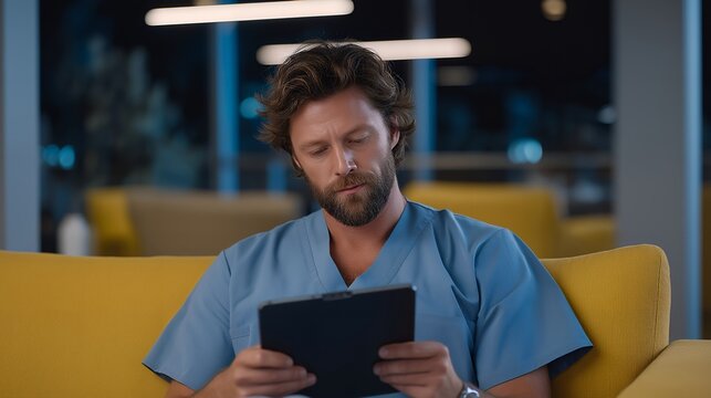 Hospital waiting room transformed into impromptu pitch meeting space, founder in scrubs reviewing term sheet on tablet between emergency medicine shifts, bootstrapping medical device startup, ideal
