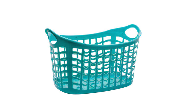 Turquoise plastic laundry basket with handles, isolated on transparent background