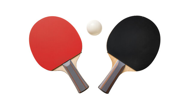 Red and black ping pong paddles with white ball, isolated on transparent background