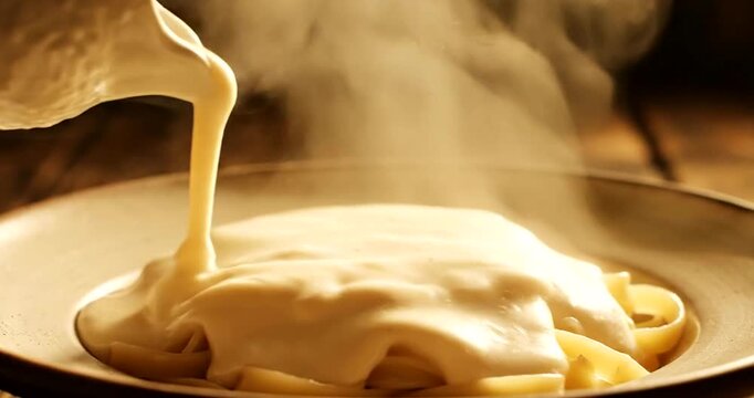 Pasta with creamy sauce being poured.