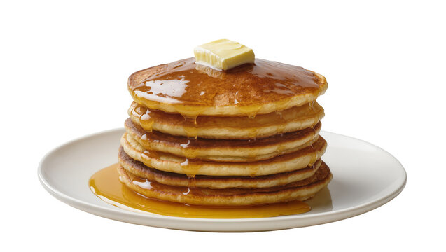 Stack of golden brown pancakes with melting butter and syrup, isolated on transparent background