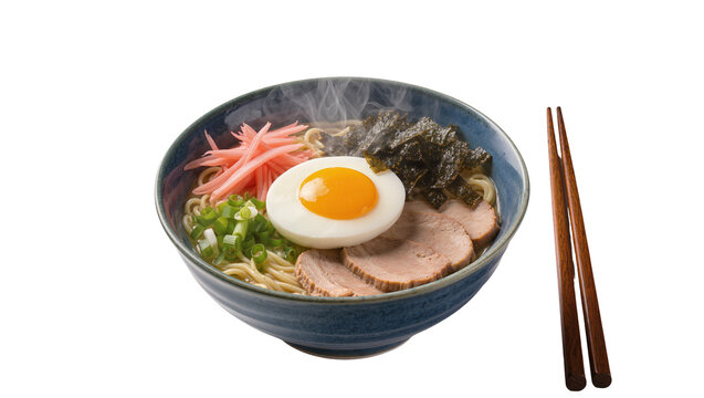 Steaming bowl of ramen with pork egg seaweed and green onions, isolated on transparent background