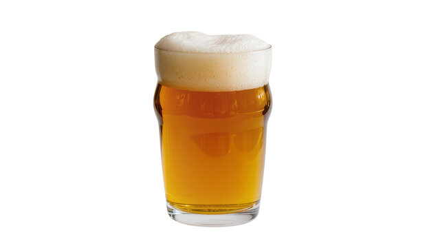 Full pint glass of golden amber ale beer with thick foamy head, isolated on transparent background