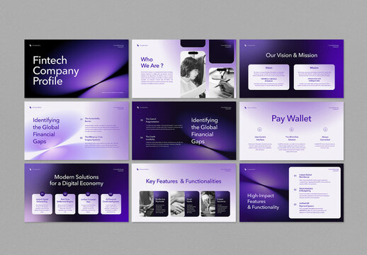 Purple and Black Gradient Business Fintech Company Profile Presentation