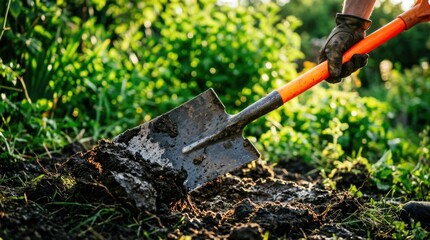Fototapeta premium Shovel Digging Into Rich Garden Soil Outdoors in Sunlight