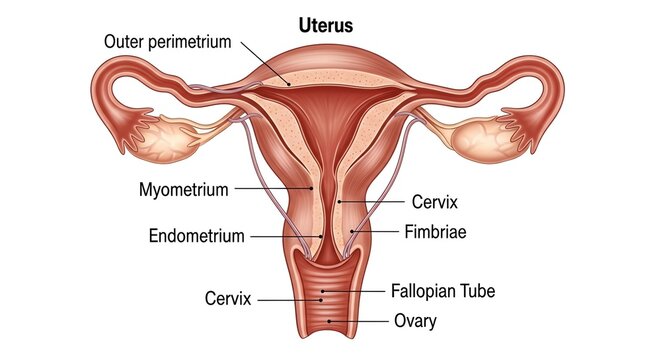 Detailed Illustration of Female Reproductive System with Uterus and Ovaries Anatomy.
