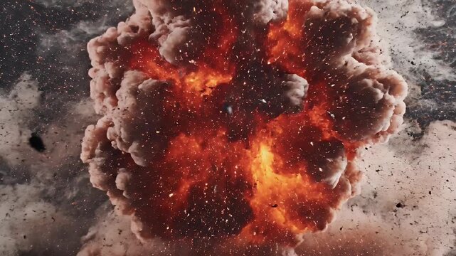 A powerful explosion erupts with bright orange flames and billowing smoke