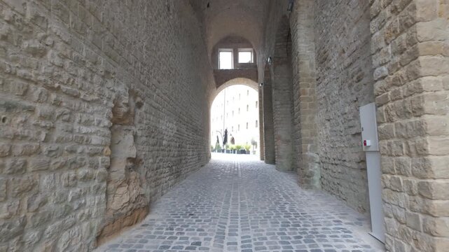Walking Through an Ancient Stone Tunnel at the Castle of Sedan, France. POV Footage.