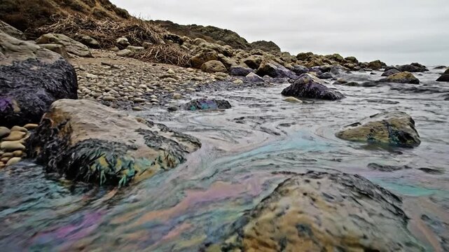 Shimmering Iridescent Film Coats Rocky Shoreline With Swirling Colors