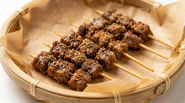 A close-up product photograph of Cumin Lamb (孜然羊肉) prepared "toothpick style," with multiple small pieces of spicy, cumin-fried lamb on skewers (similar to image_32.png). The sticks are neatly arran