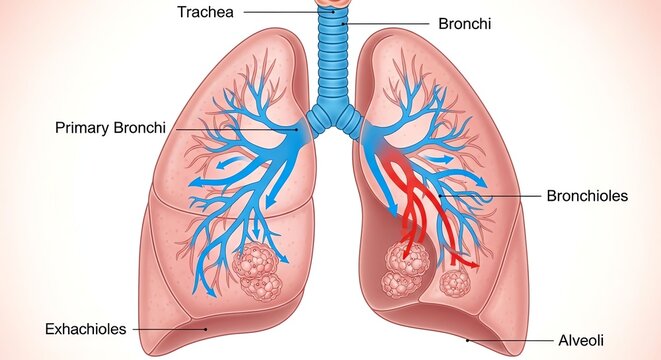 Detailed Illustration of Human Lung Anatomy Showing Airways and Bronchial Tree.