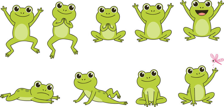Cute frog cartoon characters set with different poses, smiling green frogs sitting, jumping and playing, funny amphibian vector illustration collection isolated