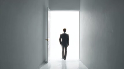 Fototapeta premium Businessman Walking Toward Bright Doorway Symbolizing Opportunity and Future
