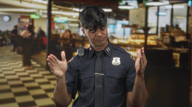 Man police officer showing badge and handheld radio, pointing and giving thumbs up with visible hand gestures in airport food area; wry confidence approachable.