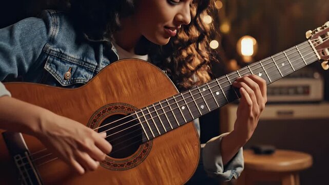 Young woman playing acoustic guitar with bokeh lights in the background