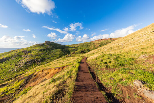 Hiking trail on Ponta de Sao Lourenco in Madeira under blue sky