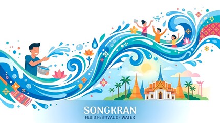 Obraz premium Songkran Festival in Thailand with Water Splashing and Traditional Temples.