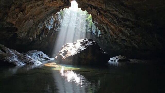 Sunlight streams through an opening in a cavern ceiling, illuminating a large rock and reflecting on the still water within the cave