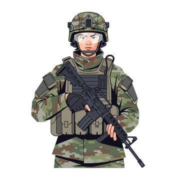 Female Soldier in Camouflage Holding Rifle for Army Day Celebration on White Background Illustration