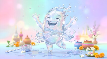 Fototapeta premium Happy Water Droplet Character Celebrating Songkran Festival with Traditional Elements.