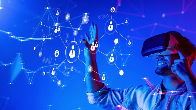 Young man wearing virtual reality headset interacting with digital connections and network nodes in futuristic space, engaging in immersive technology experience Gluon.