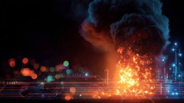 Oil refinery crisis: chemical fire spreads rapidly. Smart systems. Subtle changes in smoke patterns as refinery blaze intensifies. Neural networks. Futuristic technology.