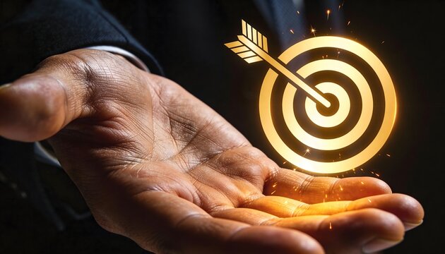Hand holding a glowing golden target with an arrow in the center symbolizing achievement and precision in a conceptual setting