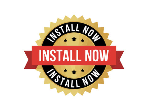 Golden install now button with red banner and black text