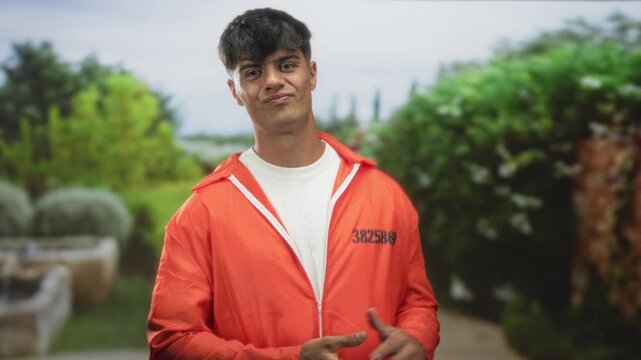 Man in orange prisoner jumpsuit shows inmate number and gestures with hands while smirking in building courtyard; playful defiance.