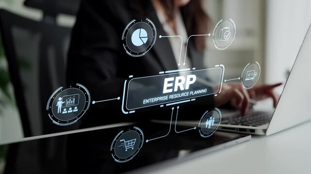 ERP platform visual showing centralized system for enterprise resource planning, improving integration, data flow, business efficiency, finance, inventory, and human resources. Muxer