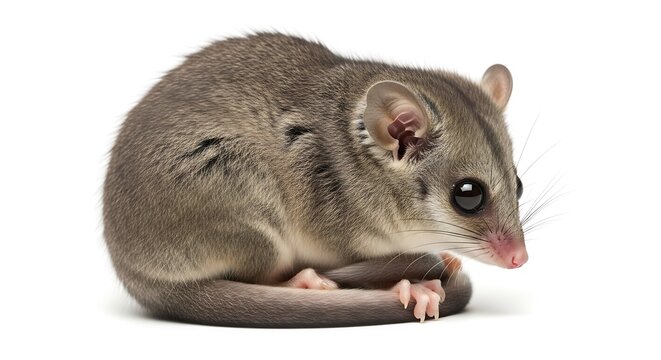Adorable Opossum Resting on White Background with Detailed Fur and Features.