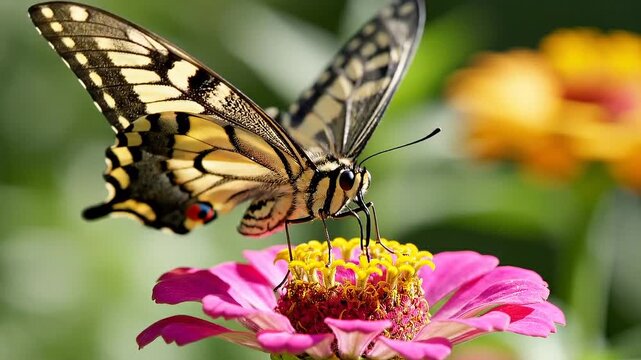 Butterfly feeding on vibrant pink flower, showcasing intricate wing patterns and details, with blurred colorful blooms in the background creating a natural garden setting