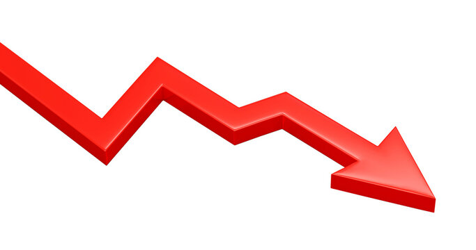Red down arrow showing decrease decline drop fall and loss isolated png