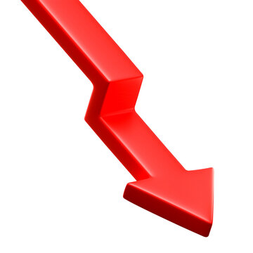 Red down arrow showing decrease loss decline fall drop and crisis isolated png