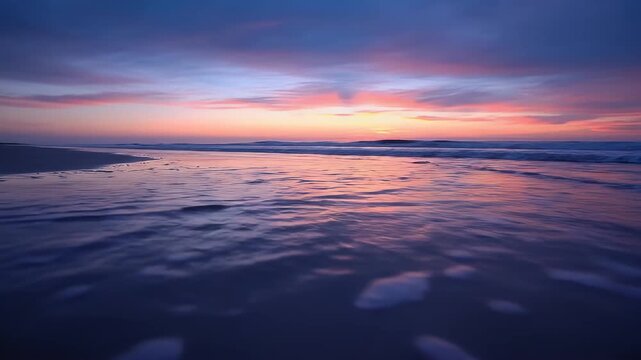 Sunset Beach Scene Reflecting Ocean Waves Sunseting on Wet Shore