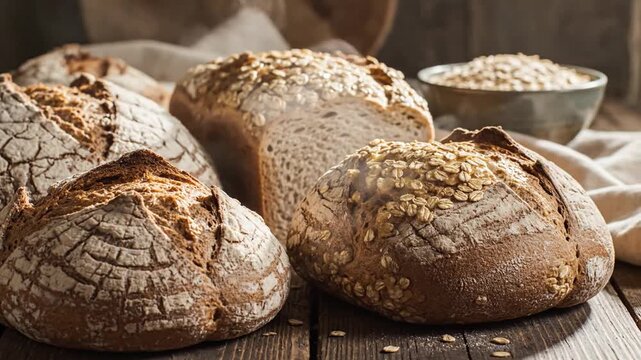 Variety of freshly baked oatmeal loaves showcasing inviting textures and rustic appeal