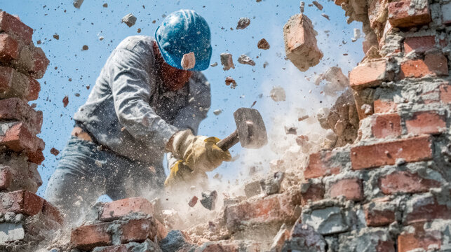 Construction worker demolishing brick wall with sledgehammer, debris and dust
