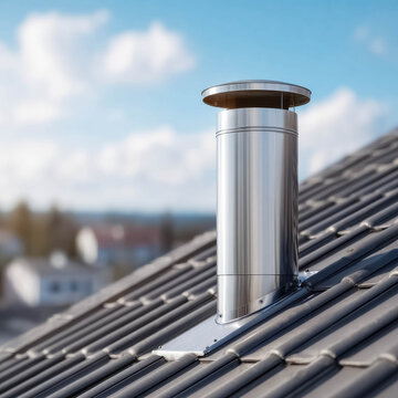 Metal roof vent pipe with flashing installed on house rooftop, construction detail