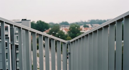 Fototapeta premium Metal balcony railing with blurred urban background