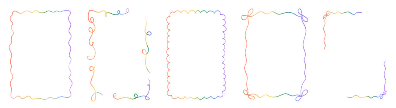 Retro whimsical rainbow gradient frame set with scalloped and wavy hand-drawn borders. Multicolored frames for social media, posters, cards and creative stationery. Vector isolated illustration.