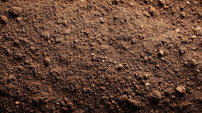 Dark Brown Soil Texture: Close-up of Rough Earth Surface with Stones and Gravel, Outdoor Natural Environment, Showing Rich and Fertile Ground.