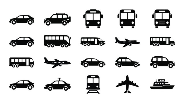 A collection of various transportation modes including cars buses planes and boats depicted as black silhouettes high quality professional detailed modern