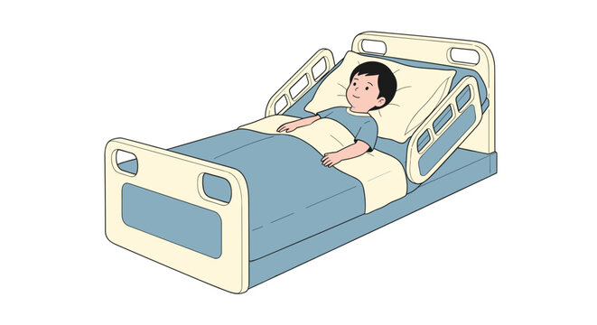 Illustration of a child lying in a hospital bed with adjustable side rails, depicted in soft pastel colors on a white background