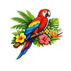 Obraz premium scarlet macaw, macaw parrot illustration, tropical bird art, macaw between flowers, exotic bird design, tropical blooms, colorful parrot illustration, rainforest bird scene, vibrant macaw feathers, ju