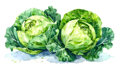 Obraz premium Watercolor painting shows two healthy cabbages with green leaves