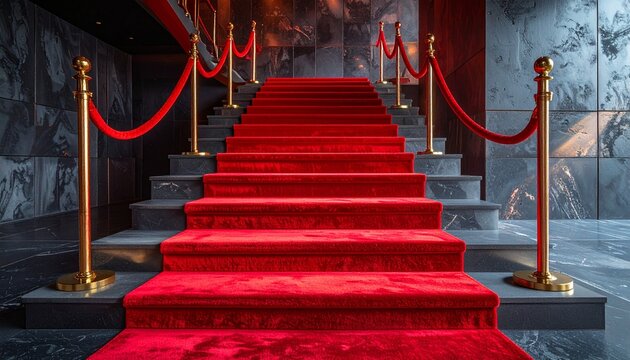 Luxury red carpet staircase with golden stanchions and velvet ropes, elegant event entrance, clean background, glamorous award ceremony concept scene