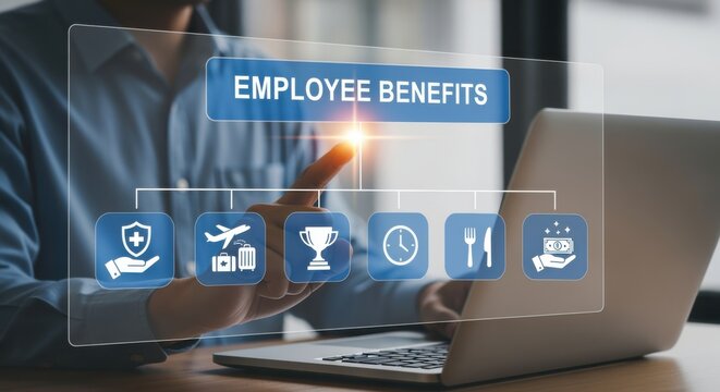 Office worker selecting employee benefits package on virtual HR interface with laptop.