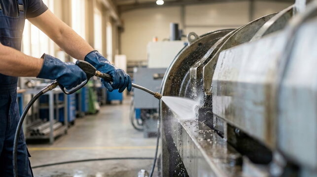 Worker in blue gloves diligently cleans industrial machinery with a high-pressure washer in a bright factory, symbolizing maintenance, quality, and operational hygiene.