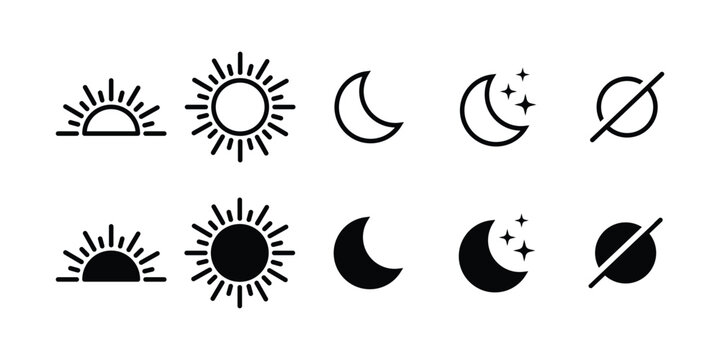 Sun and moon icon set with daytime sunset sun and night symbols for dark and light mode interface vector graphic illustration